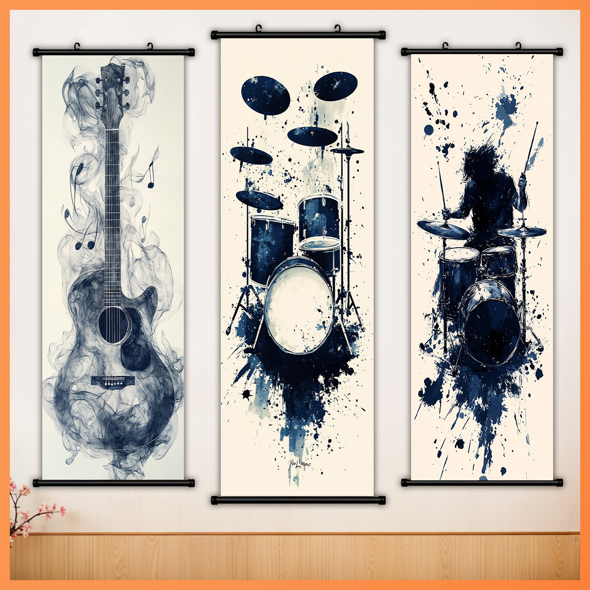 - Set of 3 Black Musical Instrument Canvas Scroll Art - Music Themed Poster for Living Room, Bedroom, Dining Room, Garage, Office, Cafe, Bar, Patio Wall Art - Indoor/ Outdoor Wall Decoration, Waterproof, Odorless, Artwork