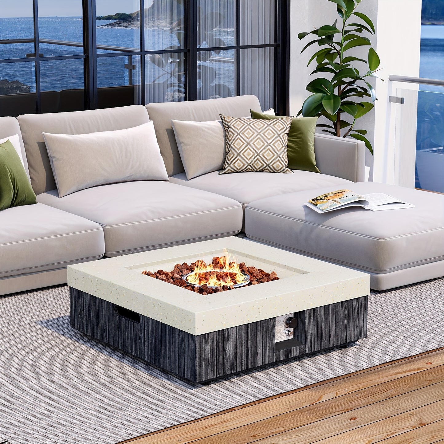 Outdoor Propane Fire Pit with Push Button Ignition - Heavy-Duty 50,000 BTU Patio heater, Modern Black & White dual-tone design, Waterproof, for Backyard, Garden, Poolside, Commercial Use - All-Season Outdoor heating, Backyard