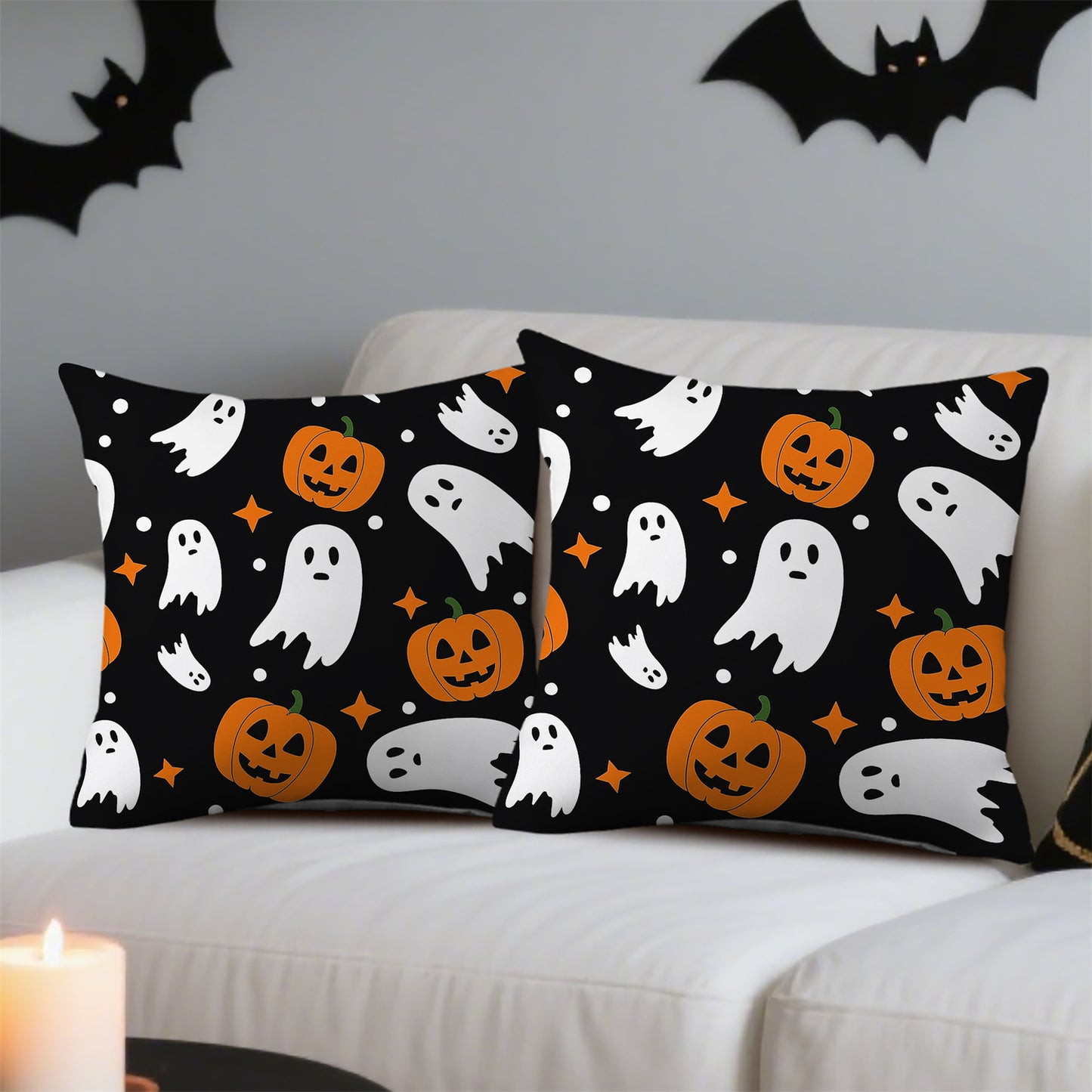 2pcs Halloween Throw Pillow Covers, Contemporary Style, Polyester 100., Zipper Closure, Hand Wash Only, Decorative Cushion Cases for Home, Living Room, Chair, Sofa - Orange Pumpkin & White Polka Dot Design, Halloween Decorati