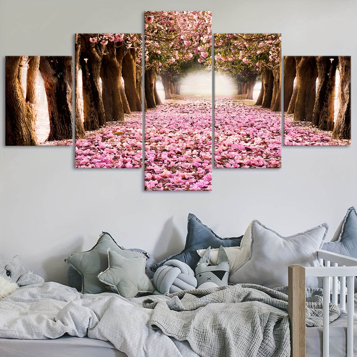2D Flat, [2D FLAT] 5pcs Frame Cherry Blossom Grove Canvas Poster, Five Panel Scene Art, Modular Picture, Print Painting, Modern Art, Ideal Decor for Bedroom Living Room Kitchen Dorm, Wall Decoration, Gift for Family Friends,