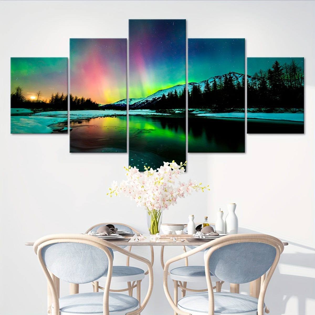 2D Flat, [2D FLAT] 5pcs Frame Romantic Aurora Canvas Poster, Five Panel Scene Art, Modular Landscape Picture, Print Painting, Modern Art, Ideal Decor for Bedroom Living Room Kitchen Dorm, Wall Decoration, Gift for Family Frie