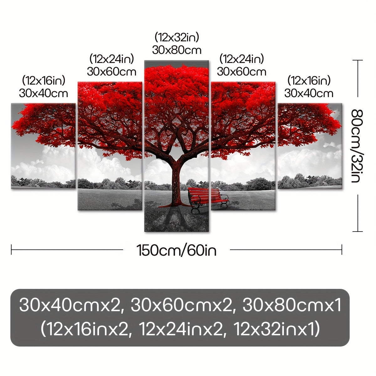 2D Flat, [2D FLAT] 5pcs Frame Red Happiness Tree Canvas Poster, Five Panel Scene Art, Modular Picture, Print Painting, Modern Art, Ideal Decor for Bedroom Living Room Kitchen Dorm, Wall Decoration, Gift for Family Friends, Mu