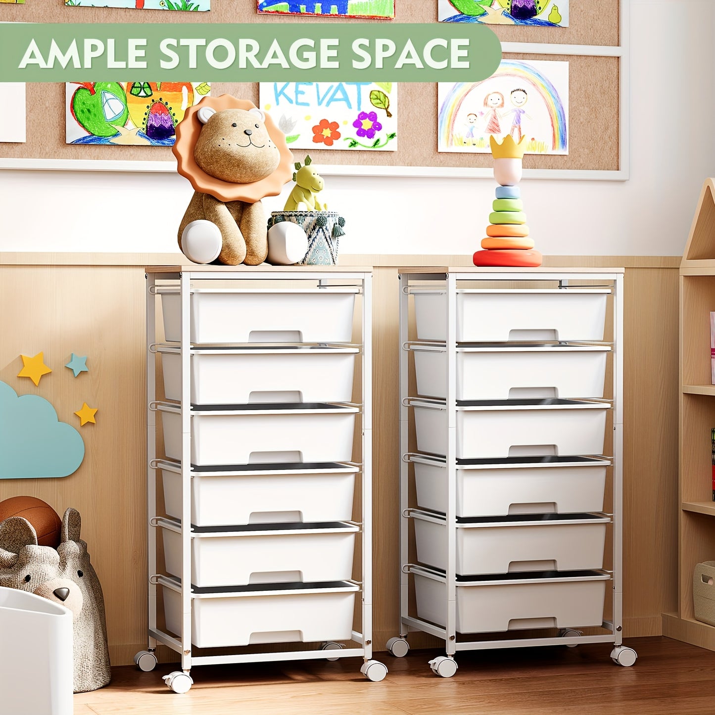 TOOLF Rolling Storage Cart With Drawers, Utility Cart With 6 Drawers And Tabletop, Craft Storage Cart With Lockable Wheels For Bedroom, Office, Classroom, Living Room