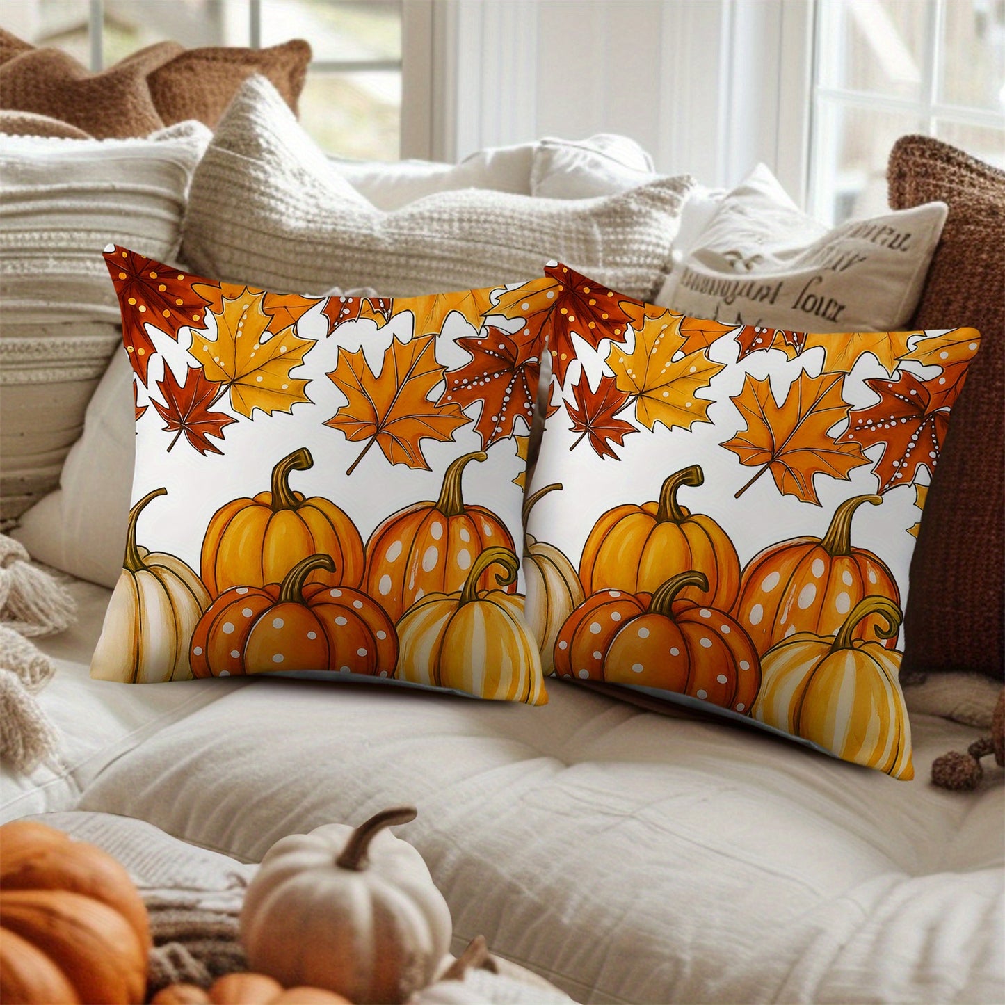 2pcs White Polka Dot Pumpkin Throw Pillow Covers Red Yellow Eucalyptus Leaves Cushion Case Fall Thanksgiving Day Farmhouse Decorations for Sofa Couch Livingroom