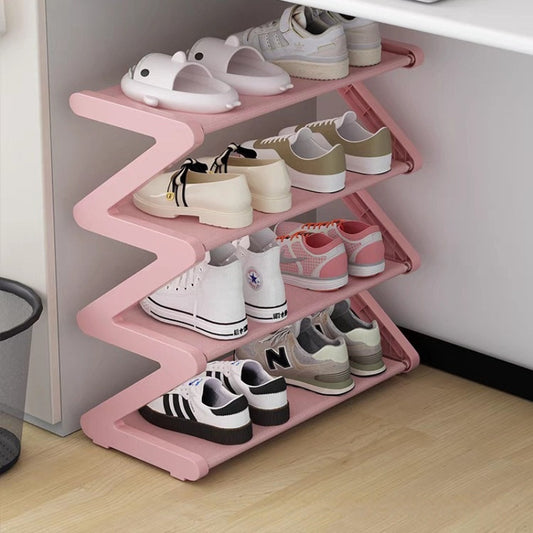 4-layer pink Z-shaped shoe rack - durable plastic, zero tool assembly, used for floor mounted storage in living rooms, bedrooms, or entrances, easy to stack, suitable for home and dormitory organization, shoe storage solution