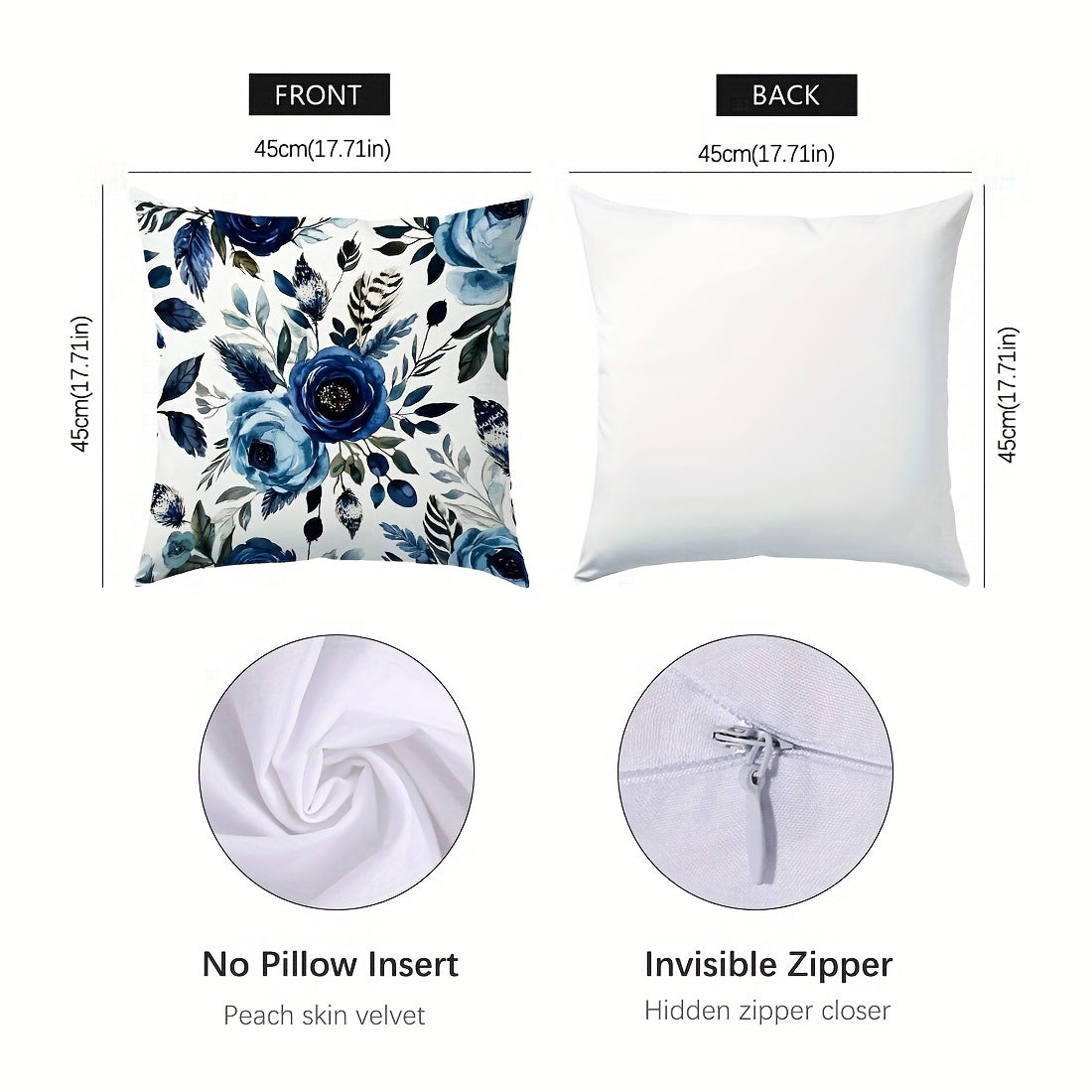 4pcs, Single Sided Printed Pillow Cover, Four Piece Set Of Deep Blue Floral Text Pillow Cover, 17 7*17. 7in, Home Decoration Pillow Cover Suitable For Living Room, Sofa, Bedroom, Without Pillow Core