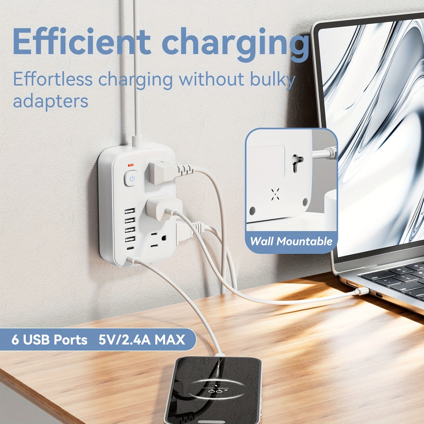 Slim 6-Outlet Power Strip with 6 USB Connections (2 USB-C) | 5FT/10FT Cable, Suitable for Wall Mounting in Offices, Schools, And Dormitories