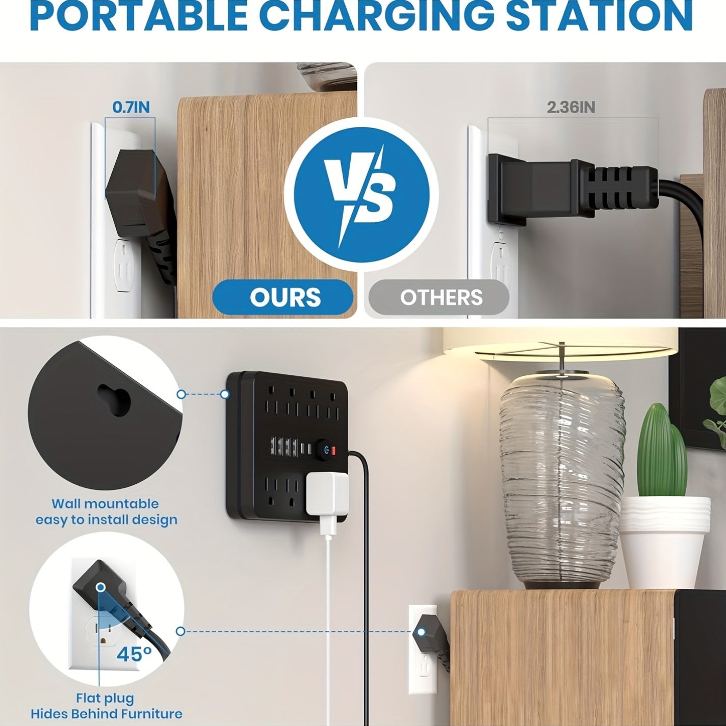 [Black Outlet Surge Protector] 14-in-1 Black Outlet with 8 Receptacles, 4 USB Ports, 2 USB-C Ports, 5/10ft Extension Cord, Flat Plug, Wall Mount, Overload Protection, Power Outlet Surge Protector - Ideal for Home and Office D