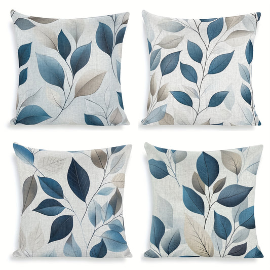 Grey Blue 4 Pack Leaf Theme Decorative Throw Pillow Covers - Double Sided Polyester Printed Pattern Zipper Closure Home Decor for Living Room, Bedroom and Sofa Home Decor (Pillow Inner Not Included)