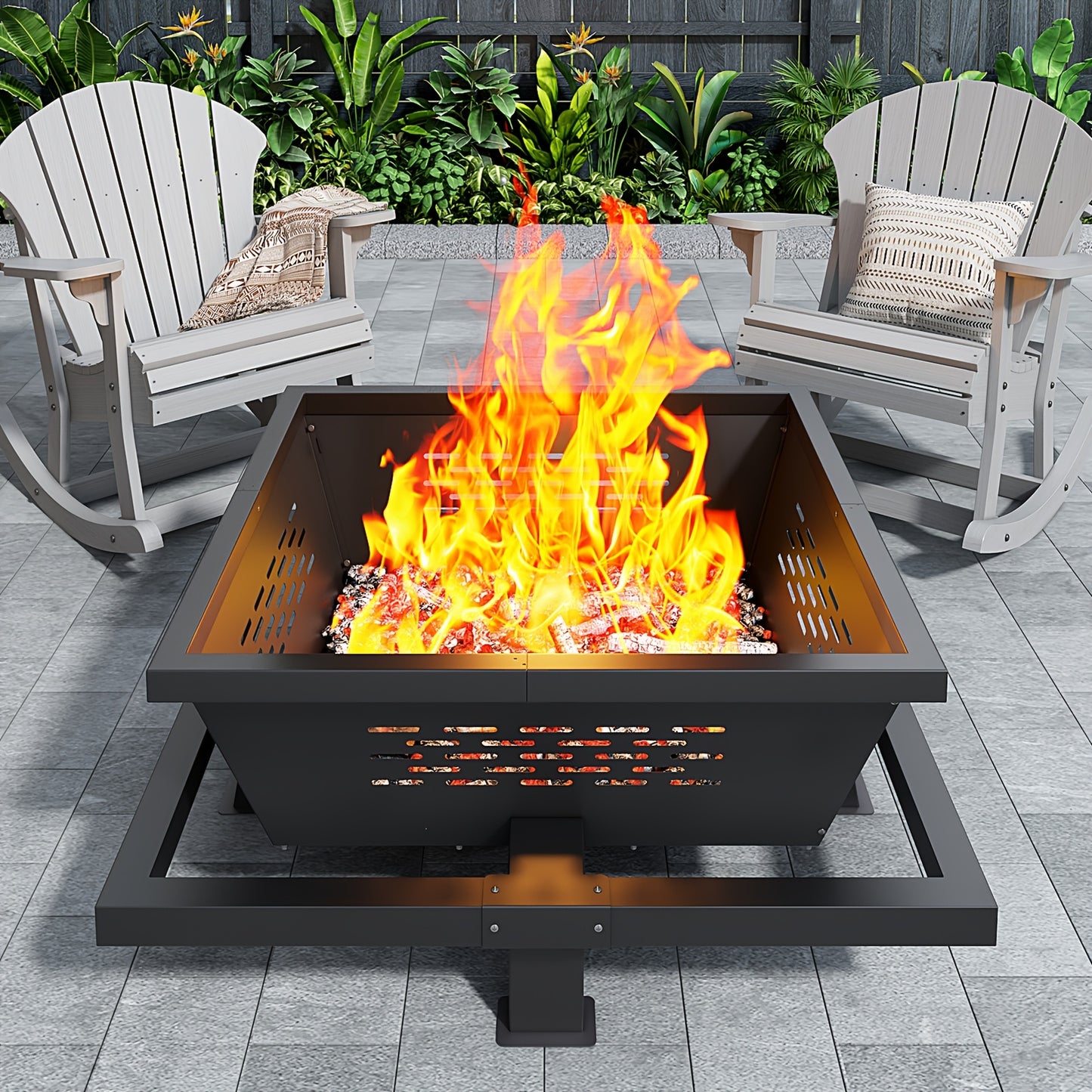 Extra-Large 42" Square Fire Pit with Storage Pocket - Durable Iron, Wood Burning for Camping, Backyard & Patio - Perfect for Christmas, Valentine's, Thanksgiving, New Year, Independence Day