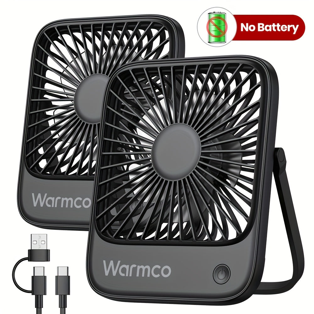 Warmco 2-Pack USB-C Desk Fan - Quiet Operation, 3 Speeds with 180° Tilt & Foldable Design, Strong Airflow Compact Personal Cooling Fan for Office Desk, Home, Workspace (USB-C Powered), Desktop Accessory | Sturdy Construction