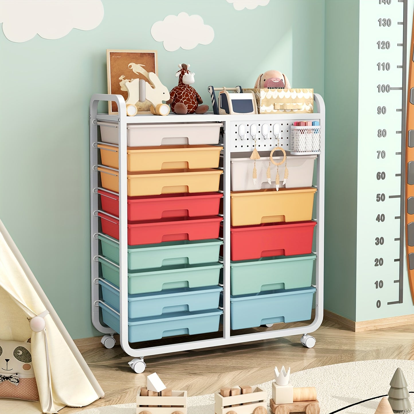 [Durable Craft Storage Cart] TOOLF Durable 14-Drawer Rolling Storage Cart with Tabletop & Pegboard | Mobile Utility Cabinet on Wheels - Metal Organizer with 14 Spacious Drawers, 3.2 Cu Ft Capacity & 27" Height for Home, Offic