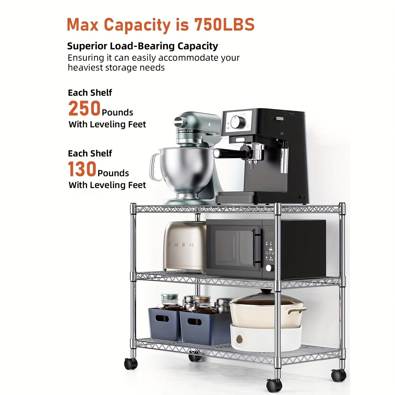 HealSmart 3-Tier Heavy Duty Storage Shelves 750Lb Capacity, 24.02" D X 13.78" W X 30" H Shelving Unit for Pantry, Garage, Laundry And Kitchen, Chrome, Standing Shelf