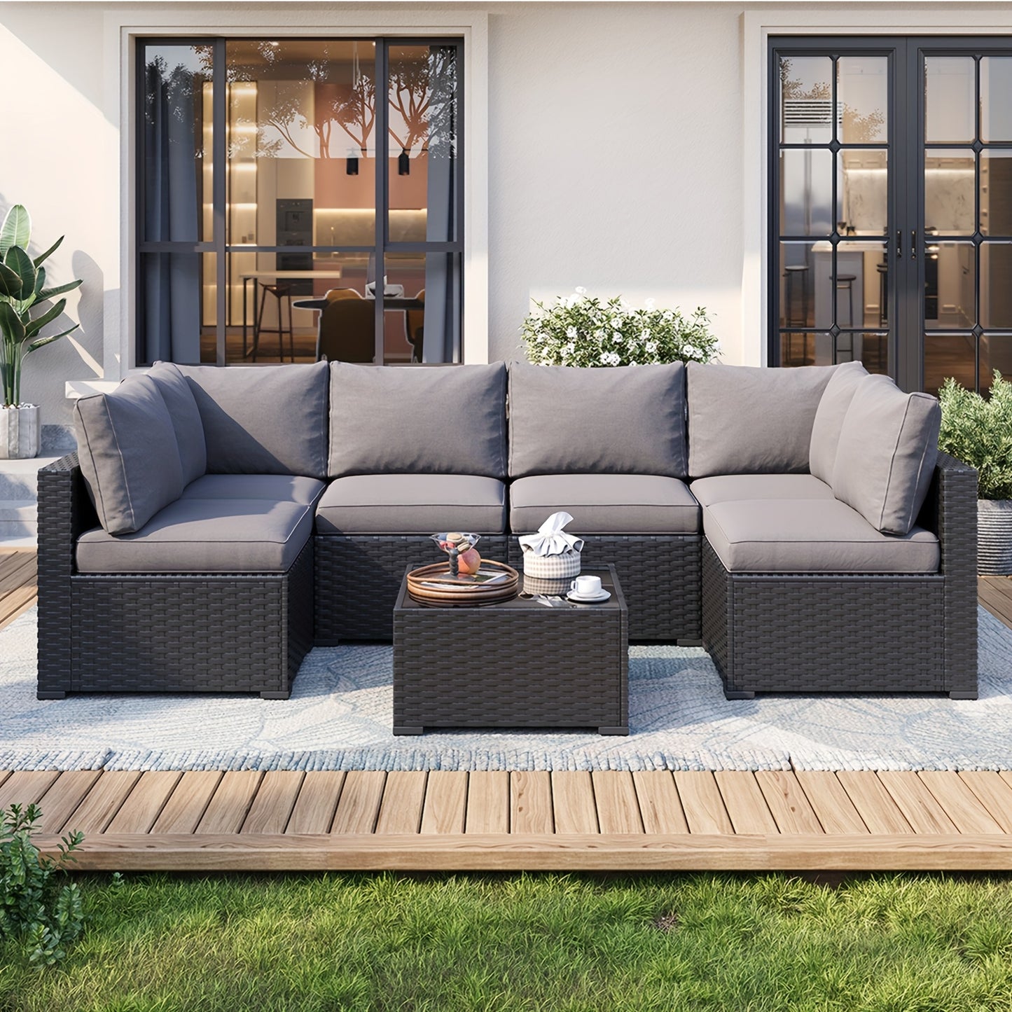 Oneinmil 3 & 8pcs Outdoor Sectional Patio Furniture Set with Fire Pit Table | L-Shaped Wicker Rattan Conversation Set | 4" Thick Waterproof Cushions for All-Weather Seating - Patio Furniture Outdoor for Deck, Garden, Poolside