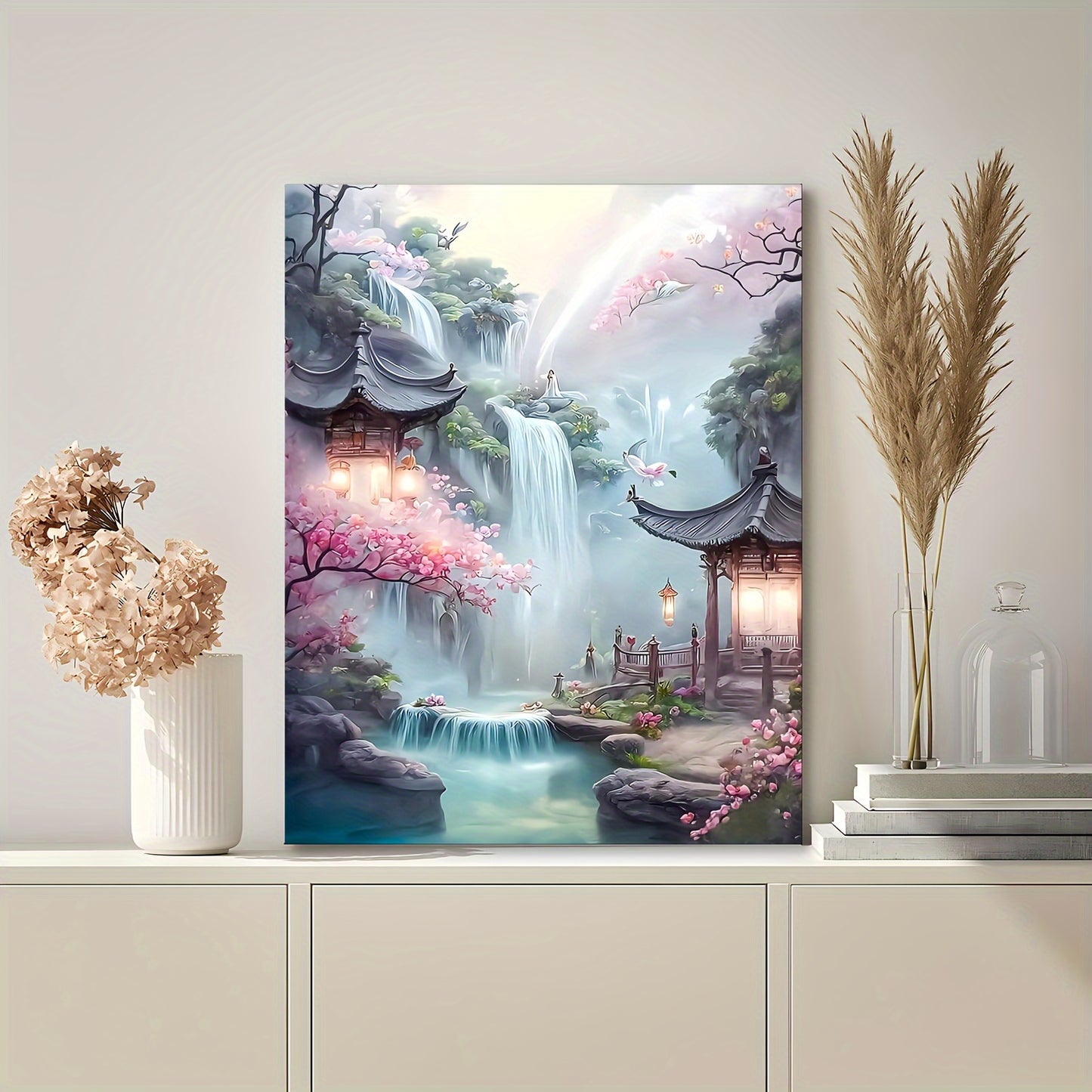 1pc Cherry Blossom Waterfall Scenery Canvas Wall Art, Wooden Framed Print for Living Room, Bedroom, Office - Ideal for Bachelorette Party Decor, Unique Gift for Her or Him, 11.8x15.7 inches