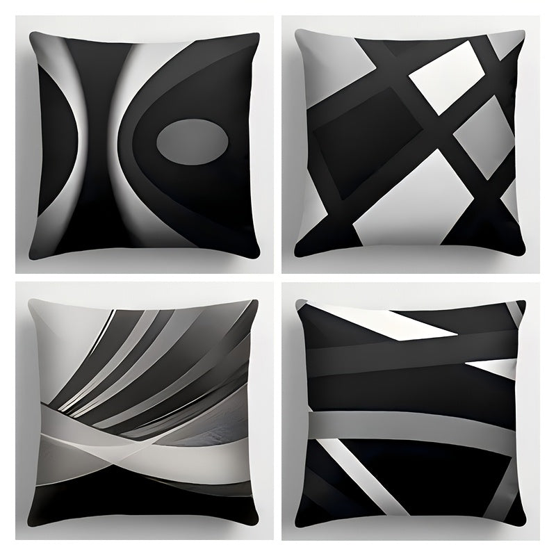 Set Of 4 Black Throw Pillow Covers Modern Abstract Grey Stripes Gray White Acrylic Bold Decorative Pillow Cases, Cozy Washable Polyester Cushion Covers For Home Decor Square 17.7x17.7 Inches Pillowcases (Pillow Insert Not Inc
