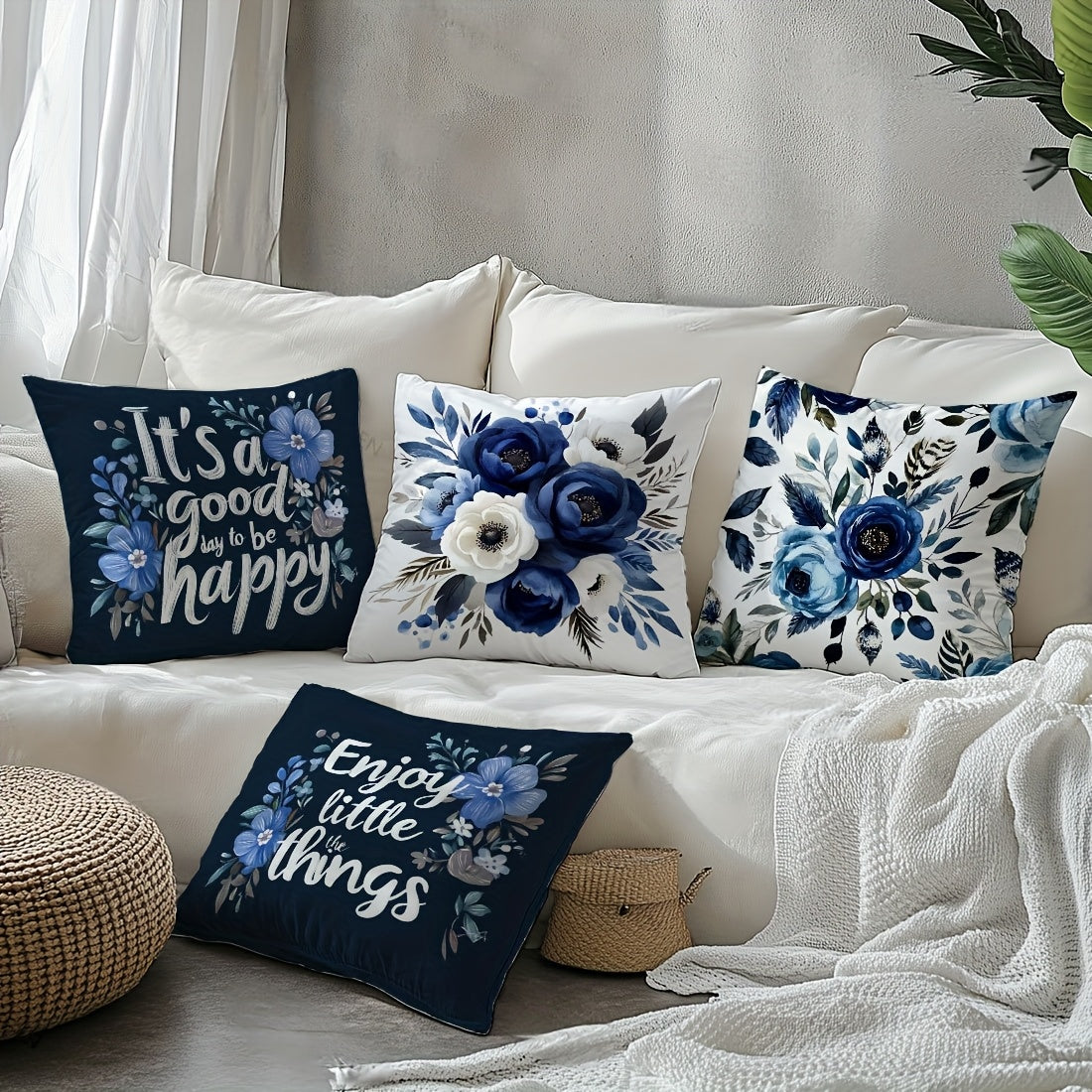 4pcs, Single Sided Printed Pillow Cover, Four Piece Set Of Deep Blue Floral Text Pillow Cover, 17 7*17. 7in, Home Decoration Pillow Cover Suitable For Living Room, Sofa, Bedroom, Without Pillow Core