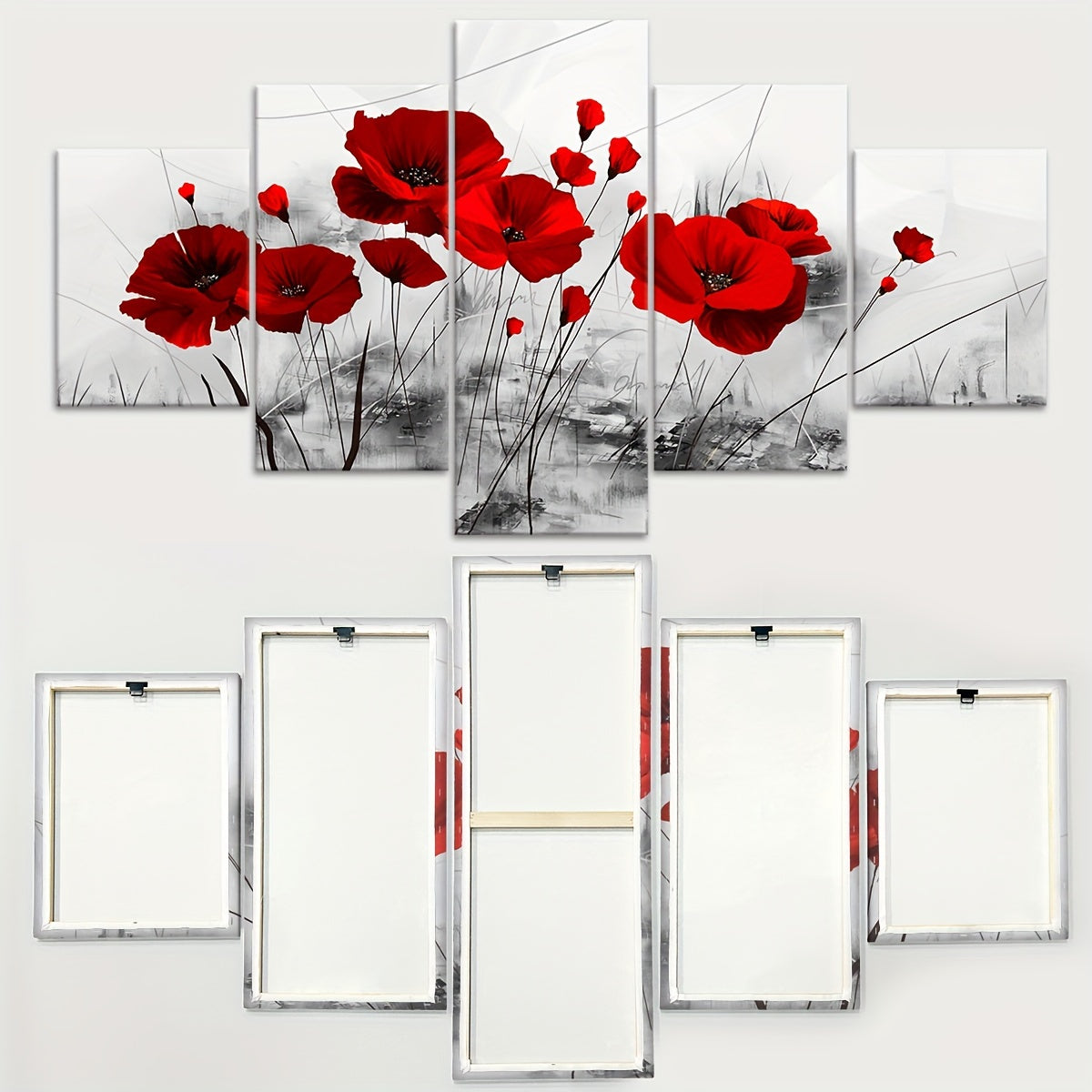 5pcs Modern Red Poppy Canvas Art Set - Vibrant Five-Panel Wall Decor, Waterproof & Odorless, Perfect for Living Room, Bedroom, or Kitchen, Ideal Gift for Family and Friends, Poppy Flower Decor