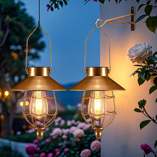 2 Pack Solar Outdoor Lights, Metal Hanging Lantern, Waterproof Solar Lights With Wall Mount Kit Or Porch, Patio, Yard Decor