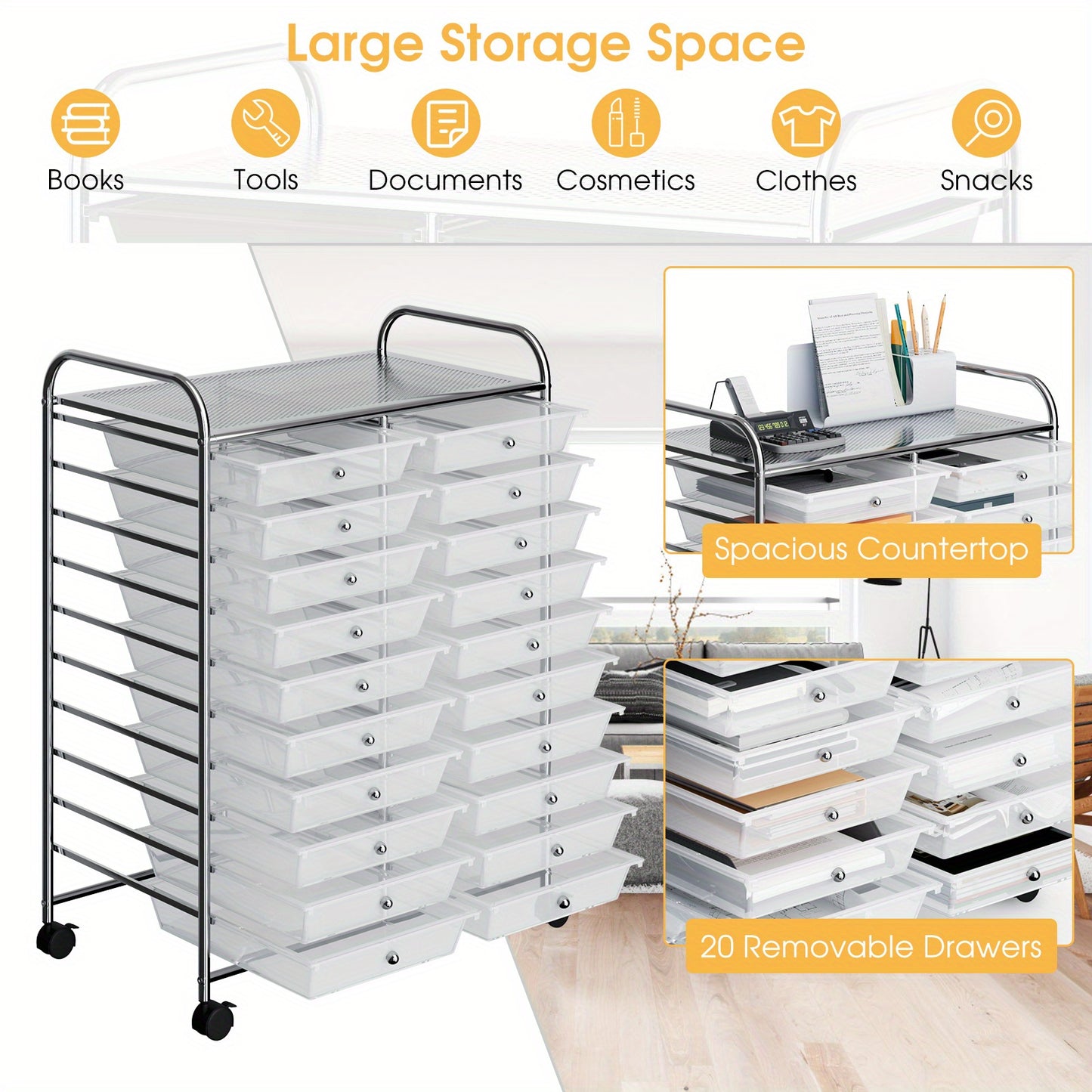 Lifezeal 20 Drawers Rolling Cart Storage Scrapbook Paper Studio Organizer Bins Clear