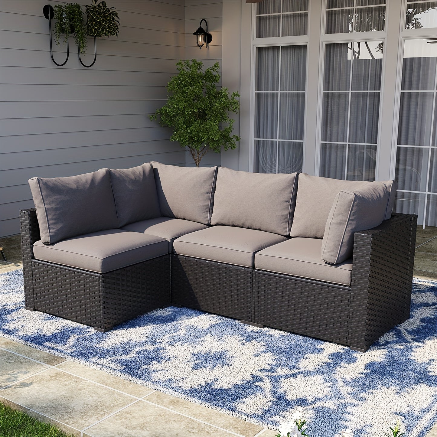 Oneinmil 3 & 8pcs Outdoor Sectional Patio Furniture Set with Fire Pit Table | L-Shaped Wicker Rattan Conversation Set | 4" Thick Waterproof Cushions for All-Weather Seating - Patio Furniture Outdoor for Deck, Garden, Poolside
