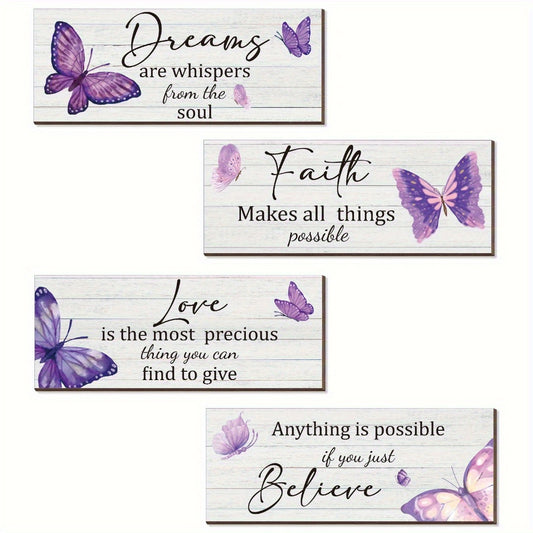 4pcs High-Quality Personalized Inspirational Butterfly Wall Art Set with Uplifting Quotes - Elegant Purple Design