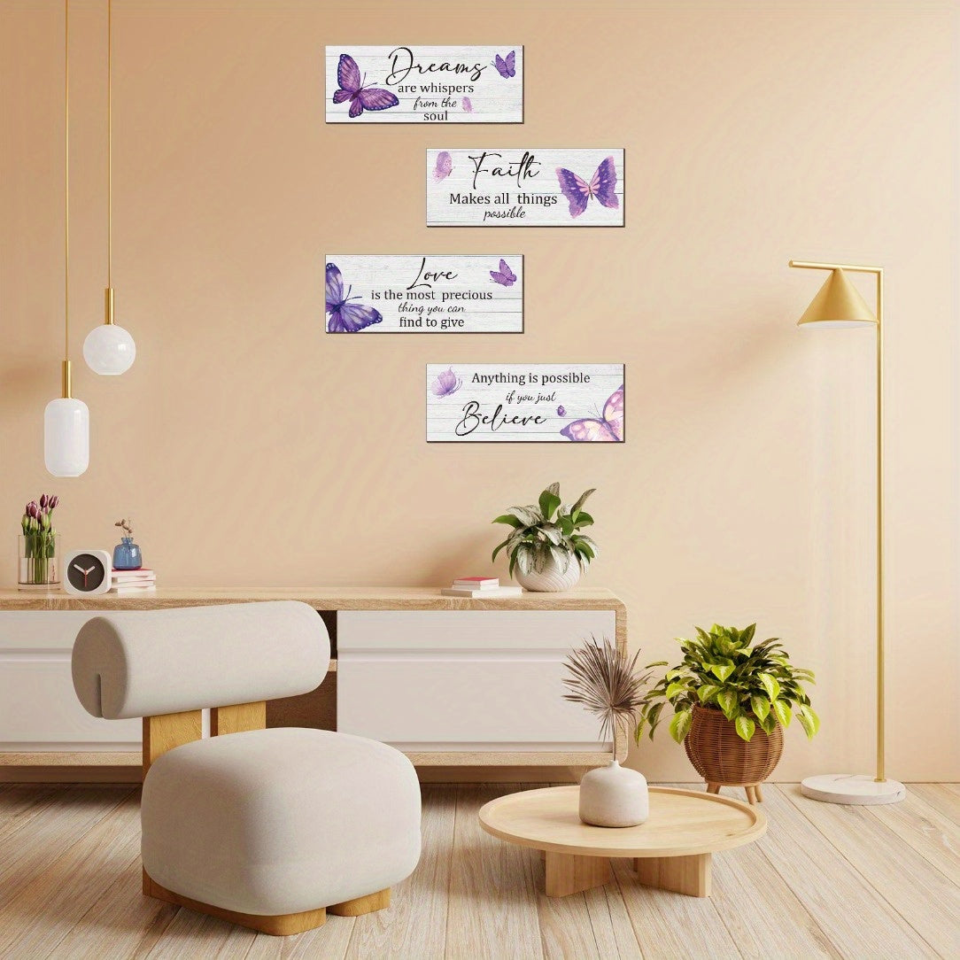 4pcs High-Quality Personalized Inspirational Butterfly Wall Art Set with Uplifting Quotes - Elegant Purple Design