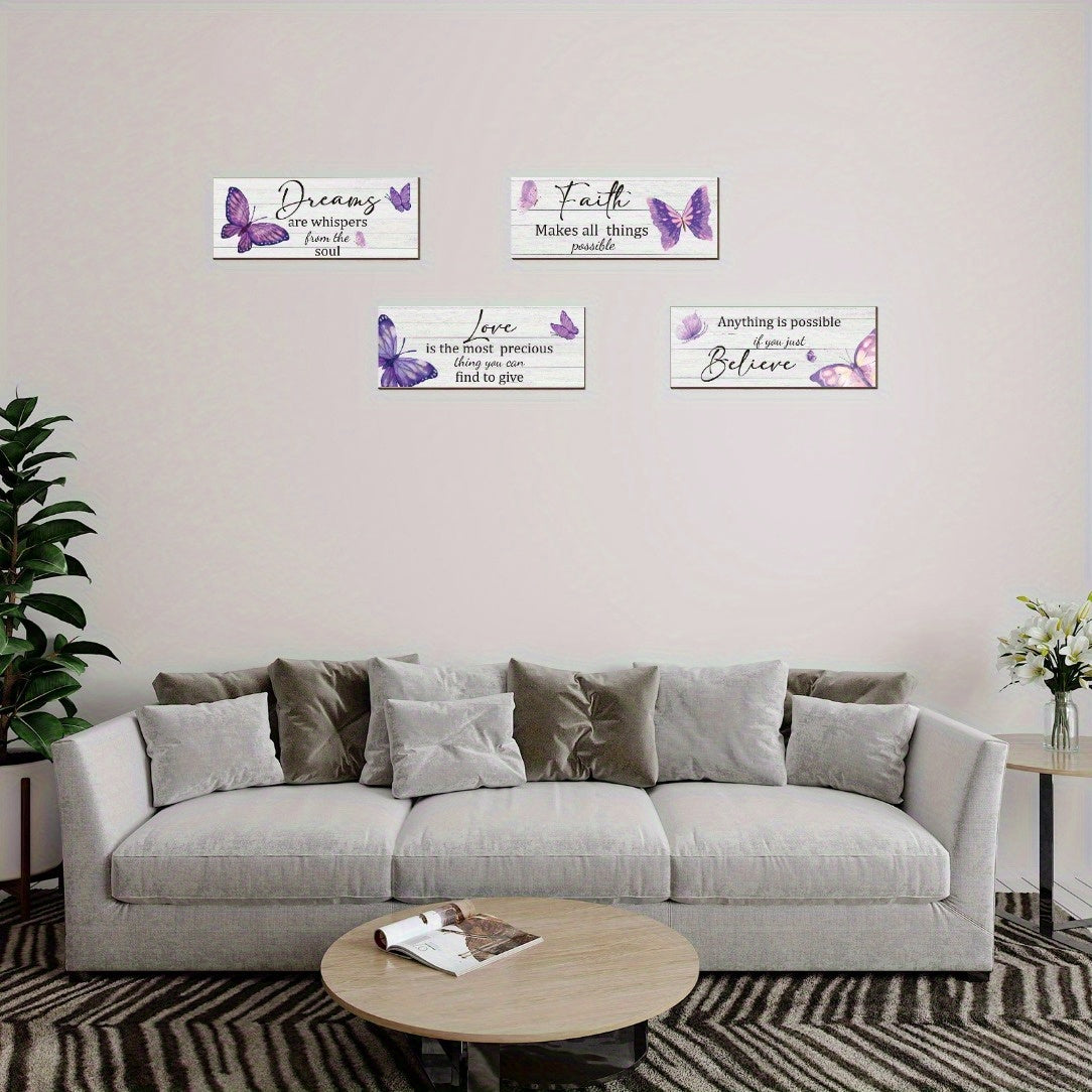 4pcs High-Quality Personalized Inspirational Butterfly Wall Art Set with Uplifting Quotes - Elegant Purple Design