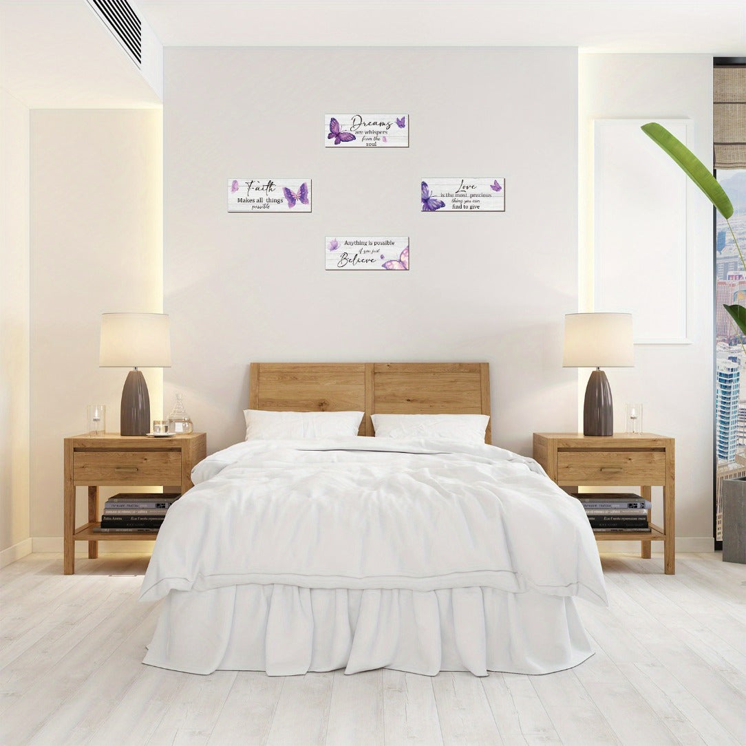 4pcs High-Quality Personalized Inspirational Butterfly Wall Art Set with Uplifting Quotes - Elegant Purple Design