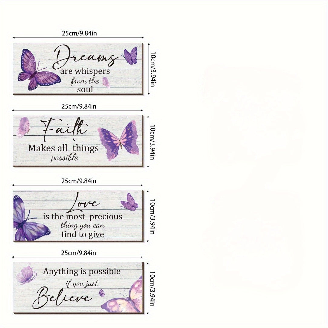 4pcs High-Quality Personalized Inspirational Butterfly Wall Art Set with Uplifting Quotes - Elegant Purple Design