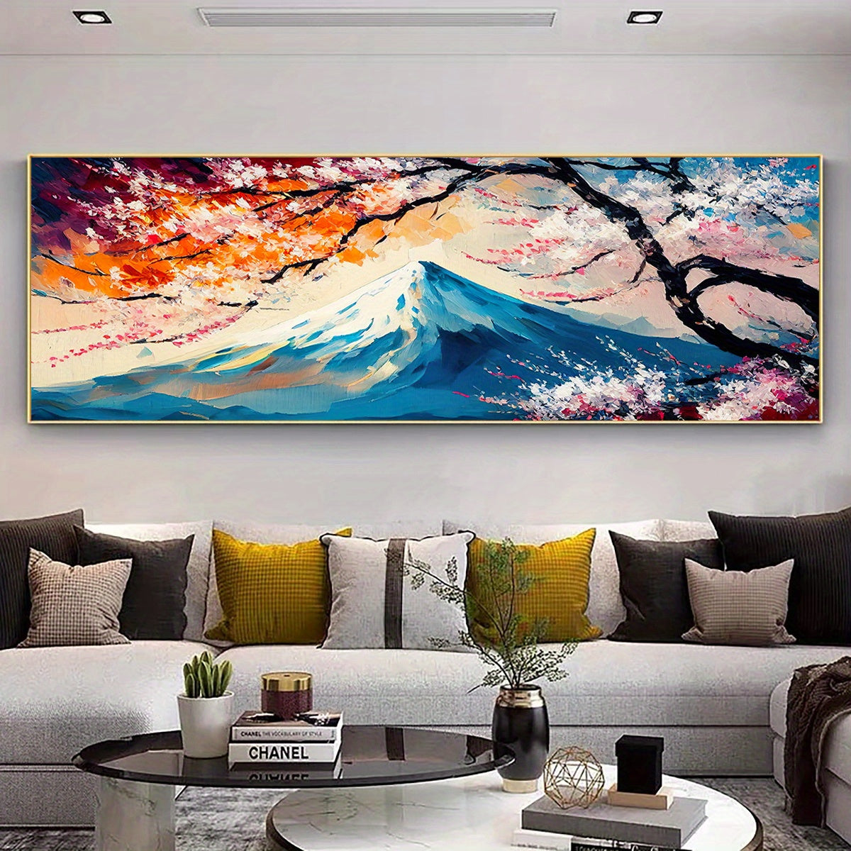 1pc Fuji Mountain & Sakura Cherry Blossom Canvas Wall Art - Vibrant Landscape Painting in Blue, Orange & Pink | Modern Home Decor for Living Room, Bedroom, Office | Waterproof, Odor-Free Fabric Print | Frameless Artwork, Perf