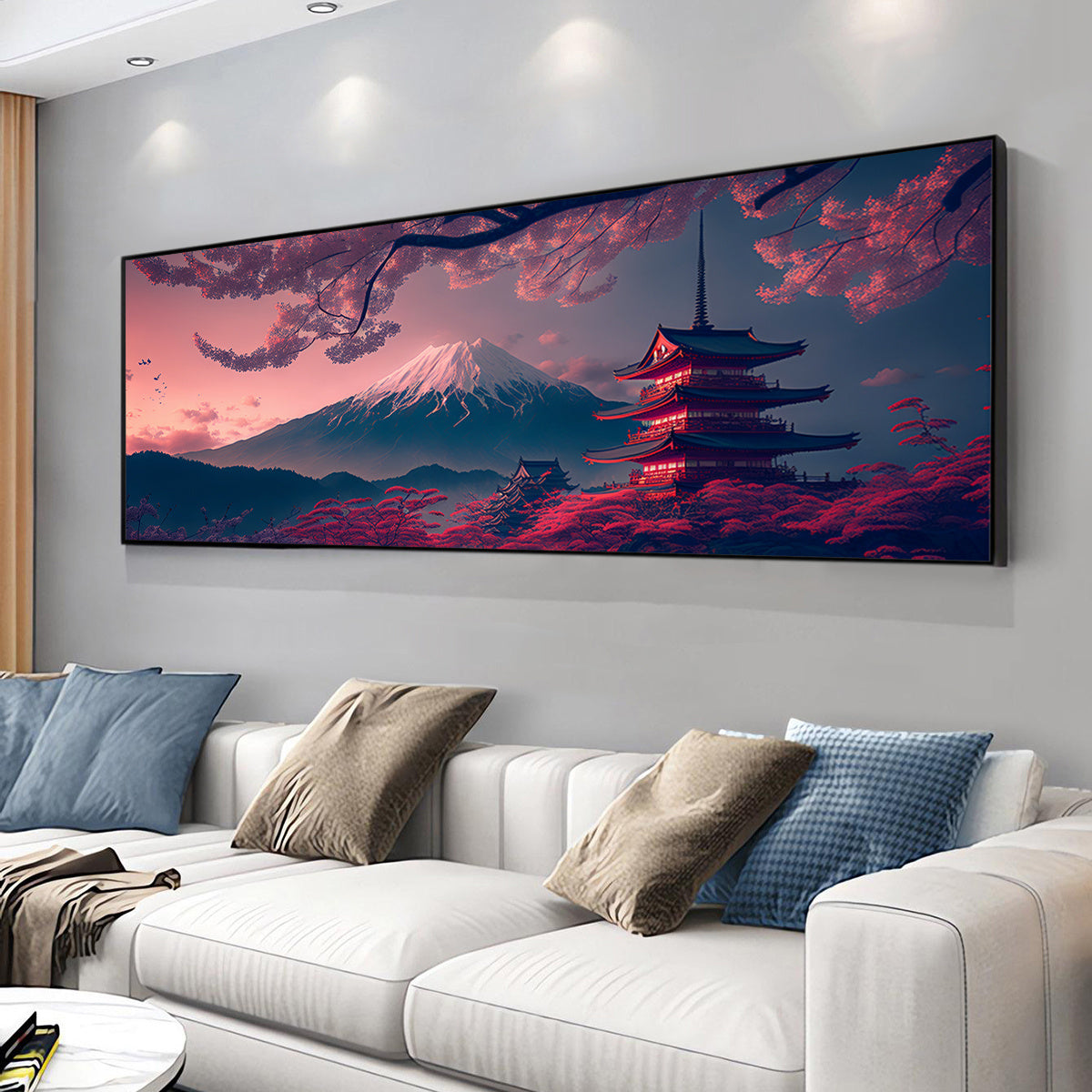 1pc Fuji Mountain & Sakura Cherry Blossom Canvas Wall Art - Vibrant Landscape Painting in Blue, Orange & Pink | Modern Home Decor for Living Room, Bedroom, Office | Waterproof, Odor-Free Fabric Print | Frameless Artwork, Perf