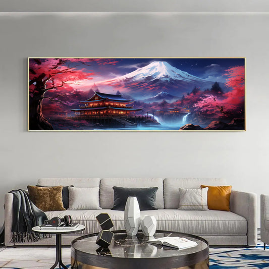 1pc Fuji Mountain & Sakura Cherry Blossom Canvas Wall Art - Vibrant Landscape Painting in Blue, Orange & Pink | Modern Home Decor for Living Room, Bedroom, Office | Waterproof, Odor-Free Fabric Print | Frameless Artwork, Perf