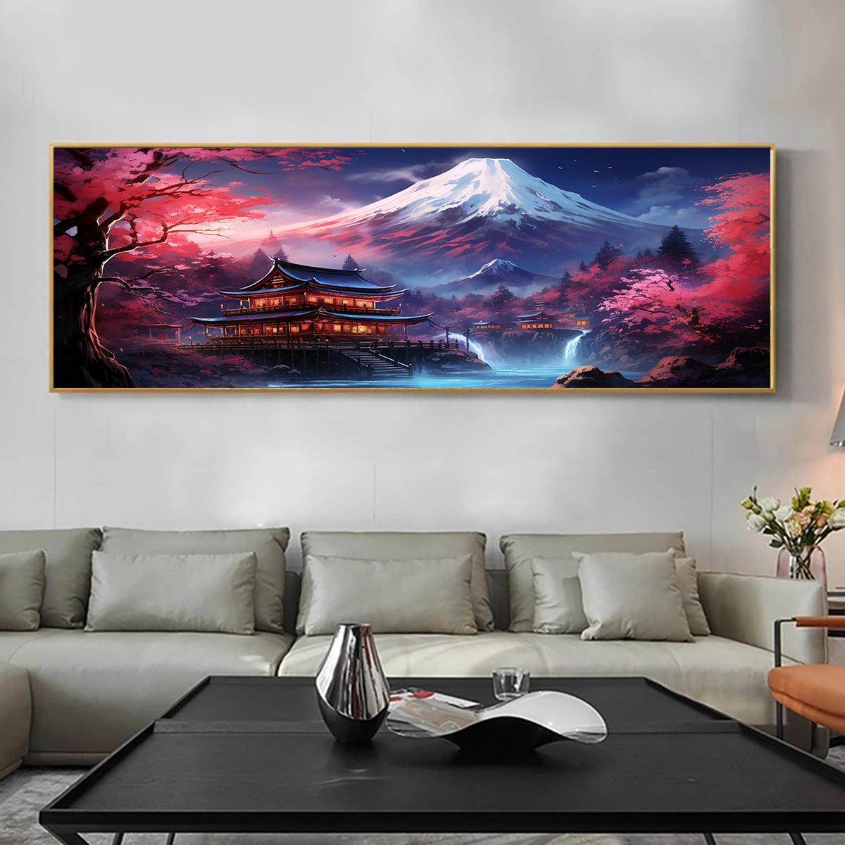 1pc Fuji Mountain & Sakura Cherry Blossom Canvas Wall Art - Vibrant Landscape Painting in Blue, Orange & Pink | Modern Home Decor for Living Room, Bedroom, Office | Waterproof, Odor-Free Fabric Print | Frameless Artwork, Perf