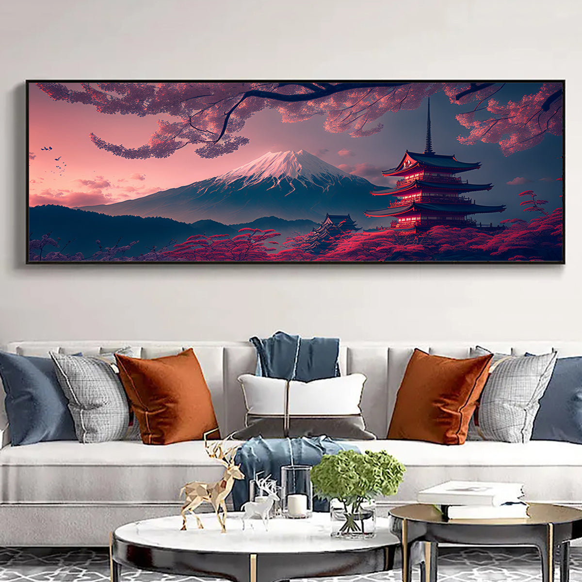 1pc Fuji Mountain & Sakura Cherry Blossom Canvas Wall Art - Vibrant Landscape Painting in Blue, Orange & Pink | Modern Home Decor for Living Room, Bedroom, Office | Waterproof, Odor-Free Fabric Print | Frameless Artwork, Perf