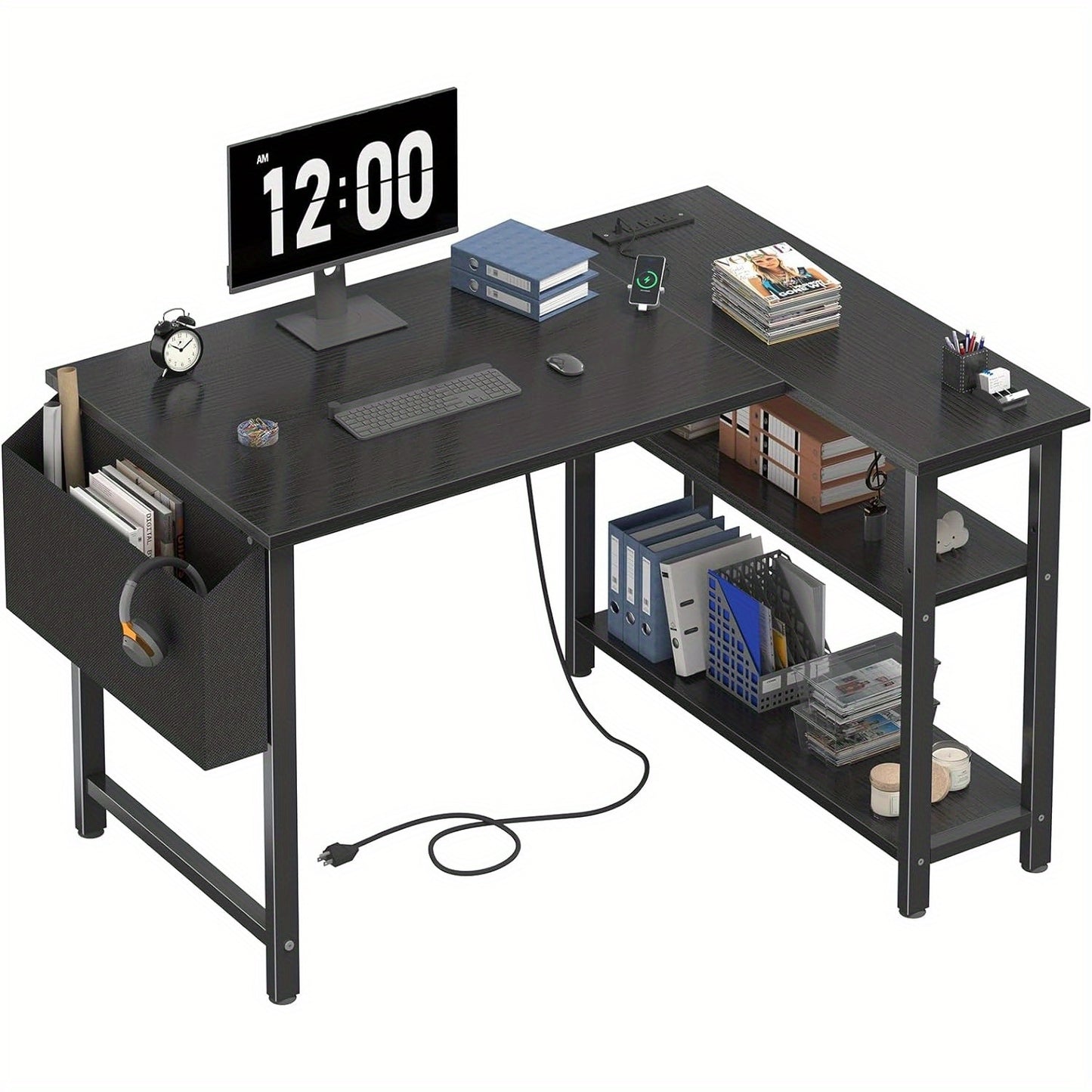 Lufeiya Black Gaming Computer Desk L Shaped With Power Outlet Shelves, 40 Inch Small Furniture Corner Desk For Small Space Home Office Tools Study Table Vanity