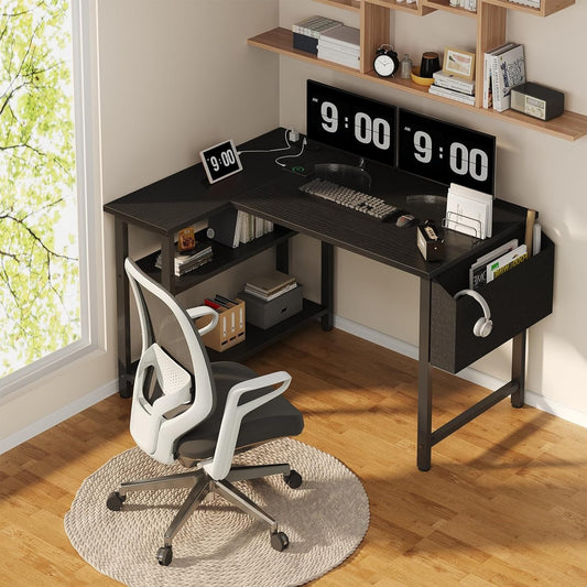 Lufeiya Black Gaming Computer Desk L Shaped With Power Outlet Shelves, 40 Inch Small Furniture Corner Desk For Small Space Home Office Tools Study Table Vanity