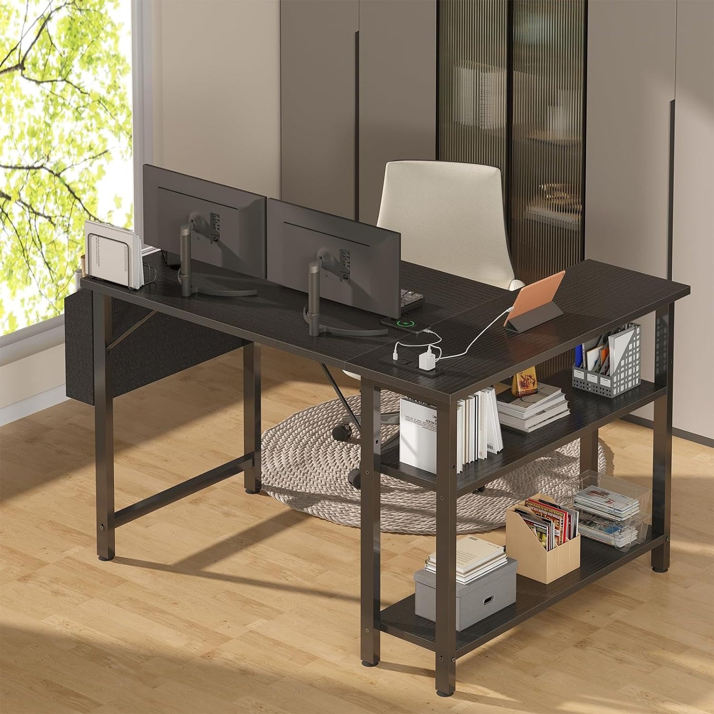 Lufeiya Black Gaming Computer Desk L Shaped With Power Outlet Shelves, 40 Inch Small Furniture Corner Desk For Small Space Home Office Tools Study Table Vanity