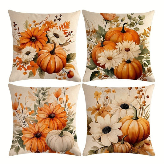 [Vintage Fall Pillow Covers] 4 Pack Vintage Fall Throw Pillow Covers - Sunflower & Pumpkin Autumn Harvest Design, 18x18 Inch Cushion Covers with Zipper Closure, Machine Washable for Sofa, Couch, Bed Home Decor, Pillow Covers