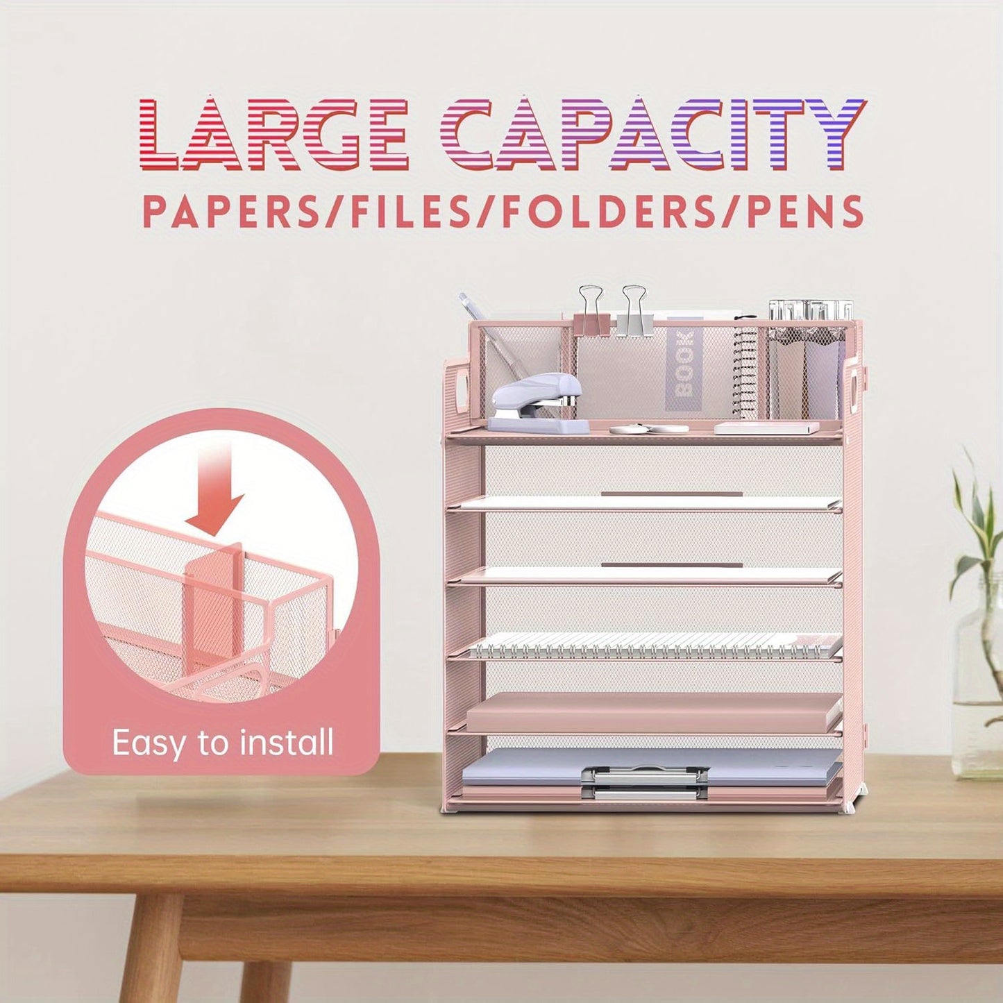 SHARKWOODS 6-Tier Desktop Organizer with Tray, File Holder, Pen Holder, Mesh Paper Tray and Handle, Pink