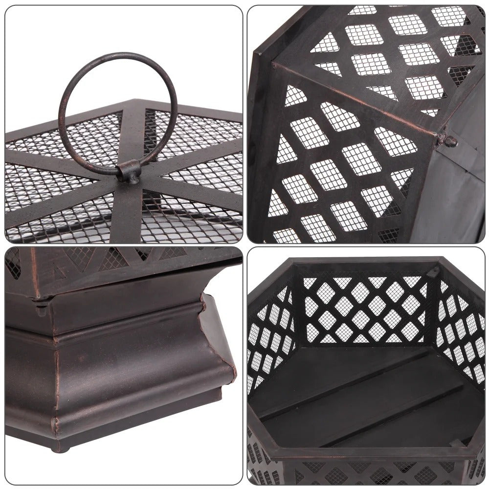 22" Hexagonal Fire Pit - Durable Metal Outdoor Heater with Flame Retardant Mesh Cover, Black - Portable BBQ Grill & Patio Accent for Backyard, Poolside & Cozy Gatherings, Portable Grill | Functional Outdoor Decor | Weatherres