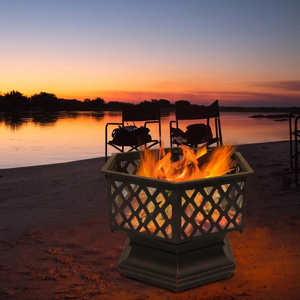 22" Hexagonal Fire Pit - Durable Metal Outdoor Heater with Flame Retardant Mesh Cover, Black - Portable BBQ Grill & Patio Accent for Backyard, Poolside & Cozy Gatherings, Portable Grill | Functional Outdoor Decor | Weatherres