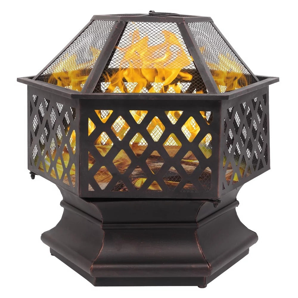 22" Hexagonal Fire Pit - Durable Metal Outdoor Heater with Flame Retardant Mesh Cover, Black - Portable BBQ Grill & Patio Accent for Backyard, Poolside & Cozy Gatherings, Portable Grill | Functional Outdoor Decor | Weatherres