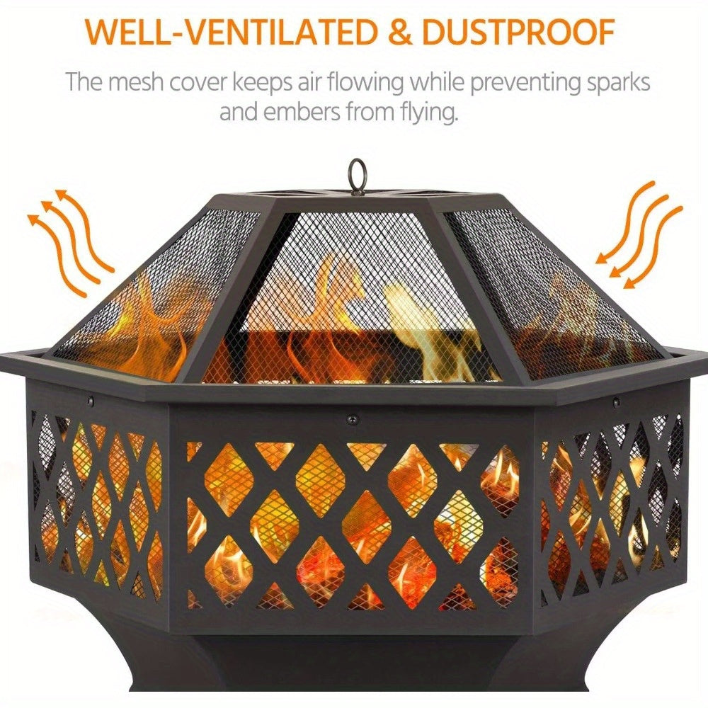 22" Hexagonal Fire Pit - Durable Metal Outdoor Heater with Flame Retardant Mesh Cover, Black - Portable BBQ Grill & Patio Accent for Backyard, Poolside & Cozy Gatherings, Portable Grill | Functional Outdoor Decor | Weatherres