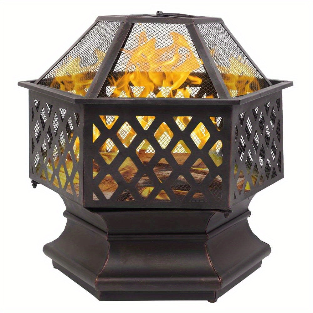 22" Hexagonal Fire Pit - Durable Metal Outdoor Heater with Flame Retardant Mesh Cover, Black - Portable BBQ Grill & Patio Accent for Backyard, Poolside & Cozy Gatherings, Portable Grill | Functional Outdoor Decor | Weatherres