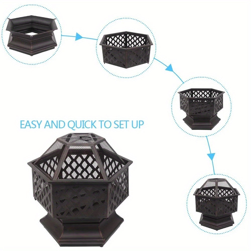 22" Hexagonal Fire Pit - Durable Metal Outdoor Heater with Flame Retardant Mesh Cover, Black - Portable BBQ Grill & Patio Accent for Backyard, Poolside & Cozy Gatherings, Portable Grill | Functional Outdoor Decor | Weatherres
