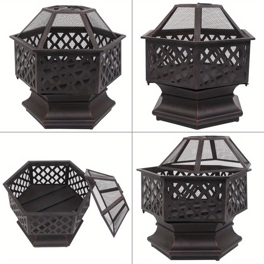 22" Hexagonal Fire Pit - Durable Metal Outdoor Heater with Flame Retardant Mesh Cover, Black - Portable BBQ Grill & Patio Accent for Backyard, Poolside & Cozy Gatherings, Portable Grill | Functional Outdoor Decor | Weatherres