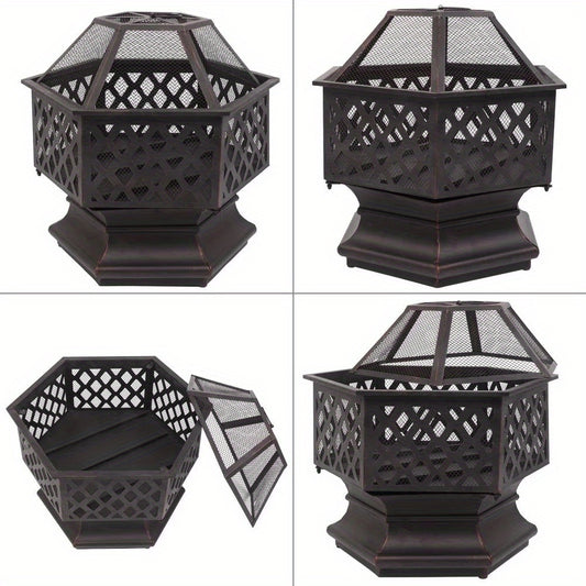 22" Hexagonal Fire Pit - Durable Metal Outdoor Heater with Flame Retardant Mesh Cover, Black - Portable BBQ Grill & Patio Accent for Backyard, Poolside & Cozy Gatherings, Portable Grill | Functional Outdoor Decor | Weatherres