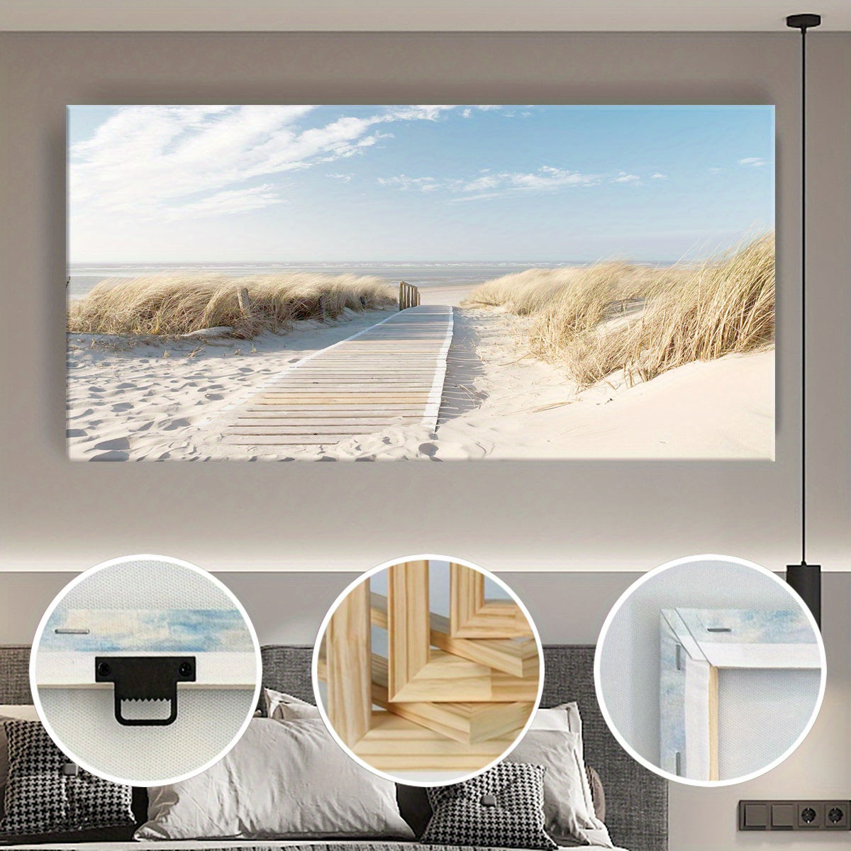[2D Flat] 1pc Wooden Framed Canvas, Art Style, Beach View, Art for Home Decoration, Pattern Wall Art Decor, Halloween Christmas Gift, for Living Room, Bedroom, Office, Restaurant, Bar Wall Decor, Waterproof, Odorless, Paintin