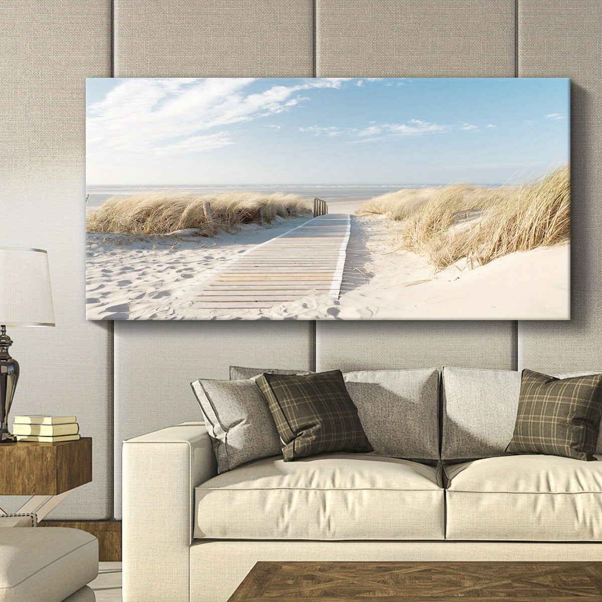 [2D Flat] 1pc Wooden Framed Canvas, Art Style, Beach View, Art for Home Decoration, Pattern Wall Art Decor, Halloween Christmas Gift, for Living Room, Bedroom, Office, Restaurant, Bar Wall Decor, Waterproof, Odorless, Paintin
